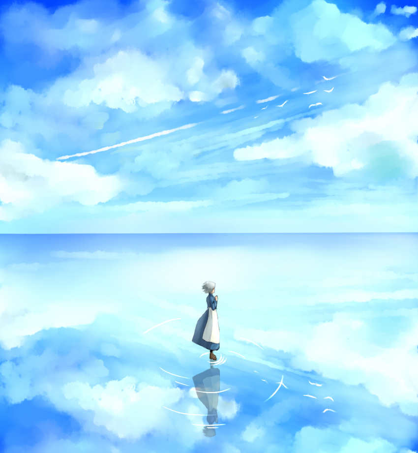 1girl apron bird blue_dress boots brown_footwear clouds day dress english_commentary full_body grey_hair haku_(15574450) highres horizon howl_no_ugoku_shiro long_sleeves looking_to_the_side own_hands_together reflection ripples scenery short_hair sky solo sophie_(howl_no_ugoku_shiro) standing waist_apron water white_apron wind
