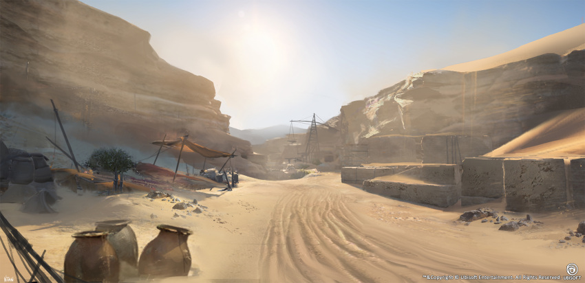 assassin's_creed:_origins assassin's_creed_(series) barrel blue_sky bush cliff commentary_request crane_(machine) darkhikari day desert highres no_humans outdoors pot rock sand scenery signature sky stone sun tent ubisoft watermark