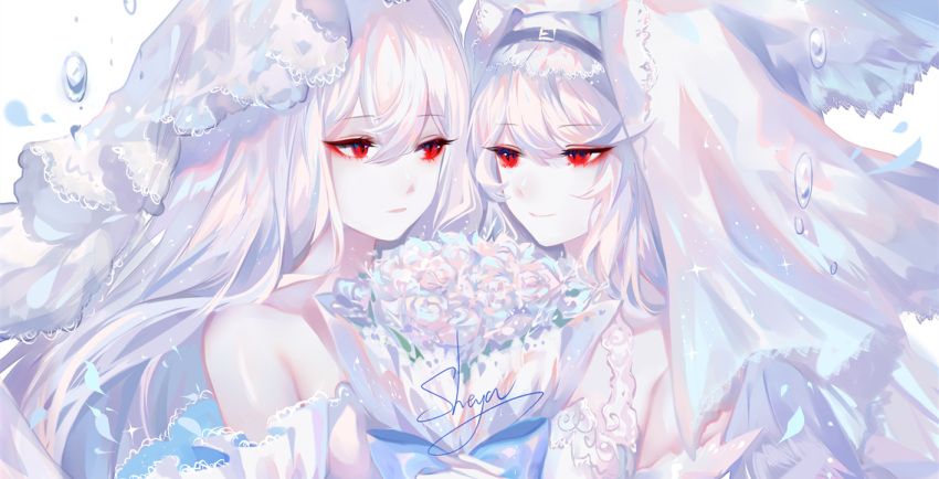 2girls arknights artist_name bangs bare_shoulders bouquet commentary_request eyebrows_visible_through_hair flower hair_between_eyes multiple_girls parted_lips rose sheya signature skadi_(arknights) specter_(arknights) veil white_background white_flower white_rose yuri