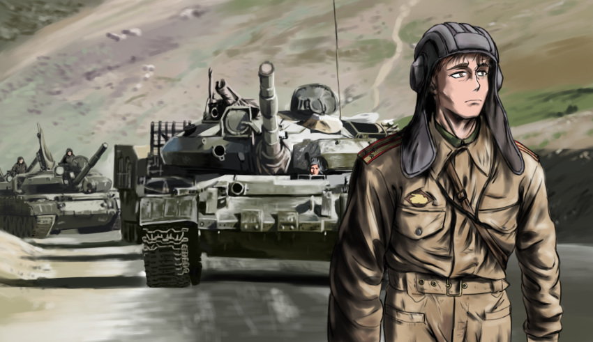 4boys brown_eyes brown_hair caterpillar_tracks commission day expressionless ground_vehicle gun highres hill looking_to_the_side machine_gun military military_uniform military_vehicle motor_vehicle multiple_boys original t-72 tank tank_helmet uniform weapon yihan_world