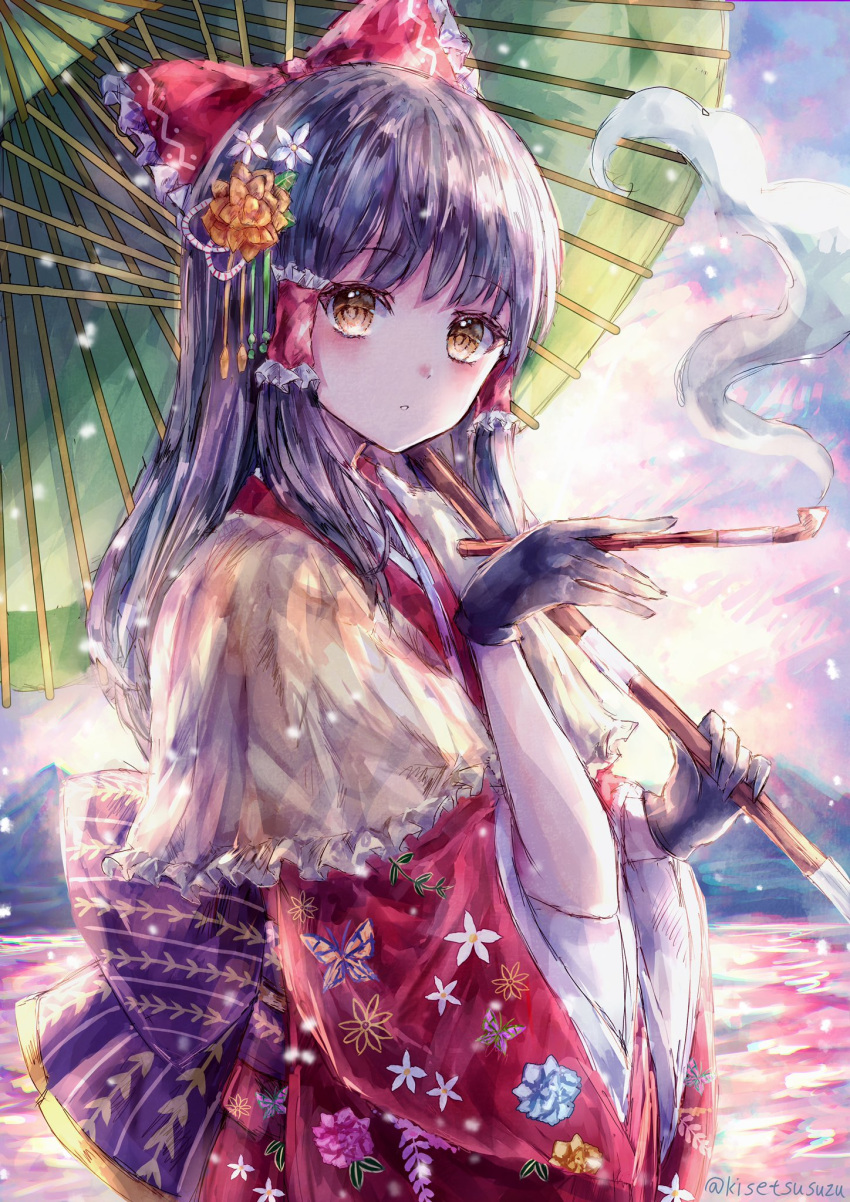 floral_print flower gloves hair_flower hair_ornament hair_ribbon hair_tubes highres holding holding_pipe japanese_clothes kimono kiseru lake long_hair looking_at_viewer mountainous_horizon obi oil-paper_umbrella overcast pipe red_eyes red_kimono ribbon sash smoke snowing solo standing suzushina touhou umbrella upper_body white_shawl