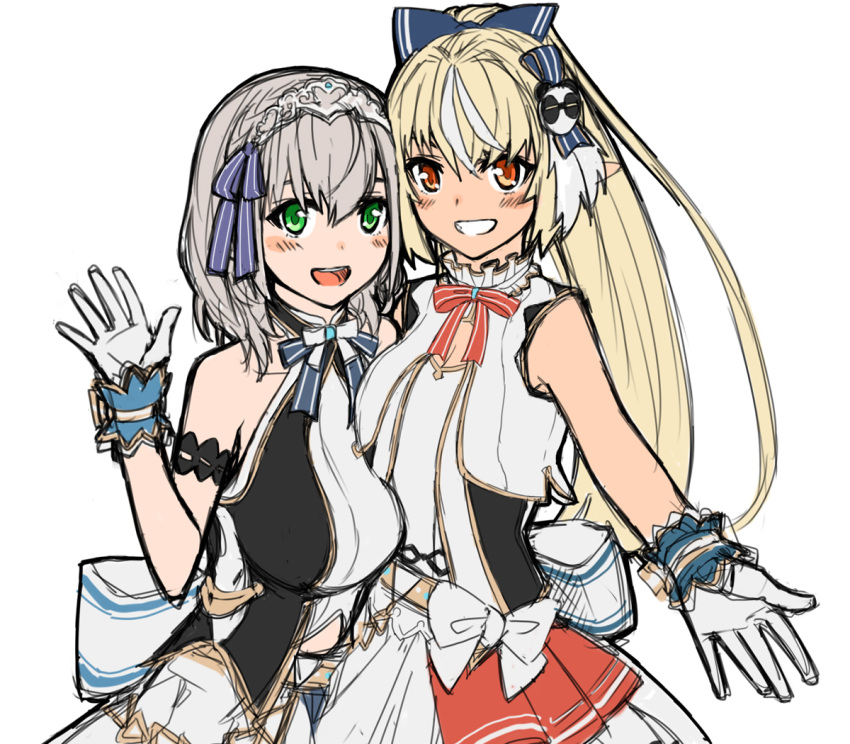 2girls bangs blonde_hair blue_bow bow breasts dark_skin dark-skinned_female gloves green_eyes hair_bow hololive idol_clothes kintsuba_(shiranui_flare) large_breasts long_pointy_ears long_ponytail metal_hairband multiple_girls open_hand pointy_ears ponytail sazare_(sazare_az) shiranui_flare shirogane_noel silver_hair sketch smile tied_hair virtual_youtuber waving white_background white_bow white_gloves