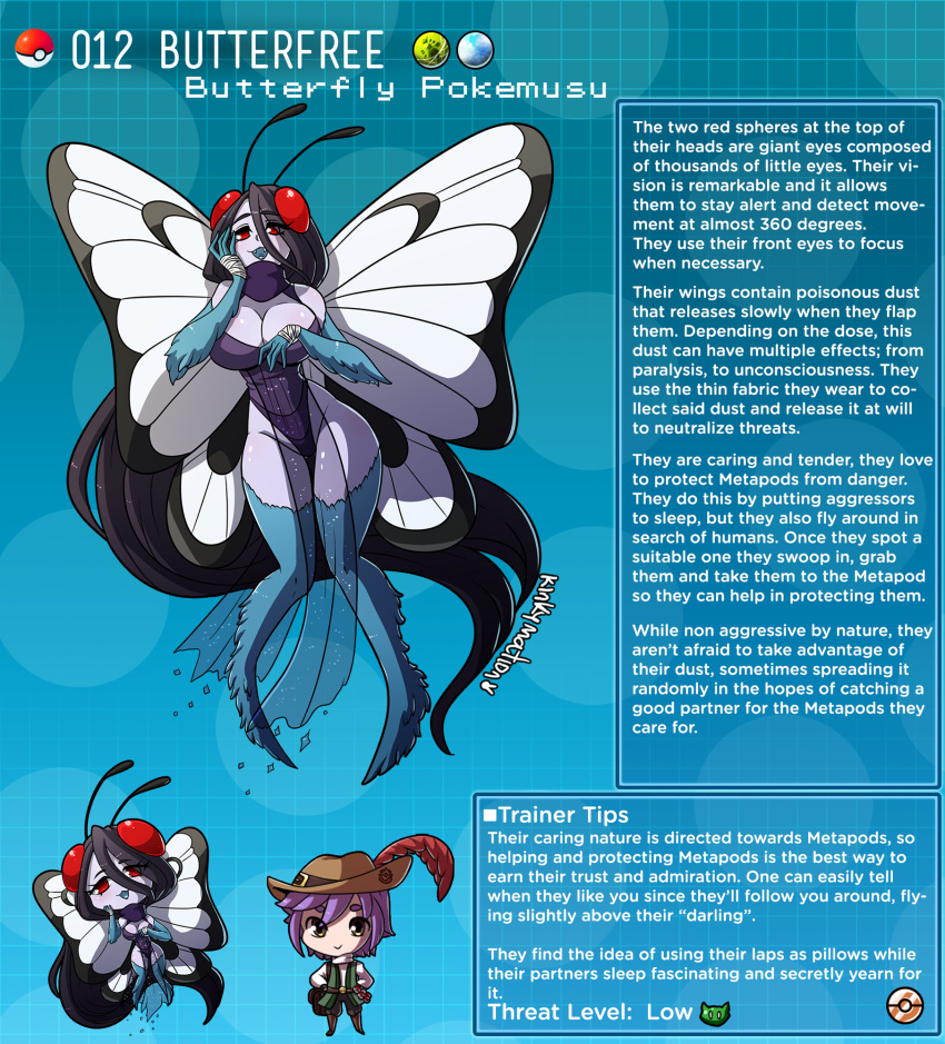 1boy 1girl antennae artist_name black_hair breasts brown_eyes butterfree commentary english_commentary english_text fangs gen_1_pokemon hat_feather highres humanization insect_girl insect_wings kinkymation large_breasts leotard poke_ball pokemon profile purple_hair purple_leotard purple_scarf red_eyes scarf wings