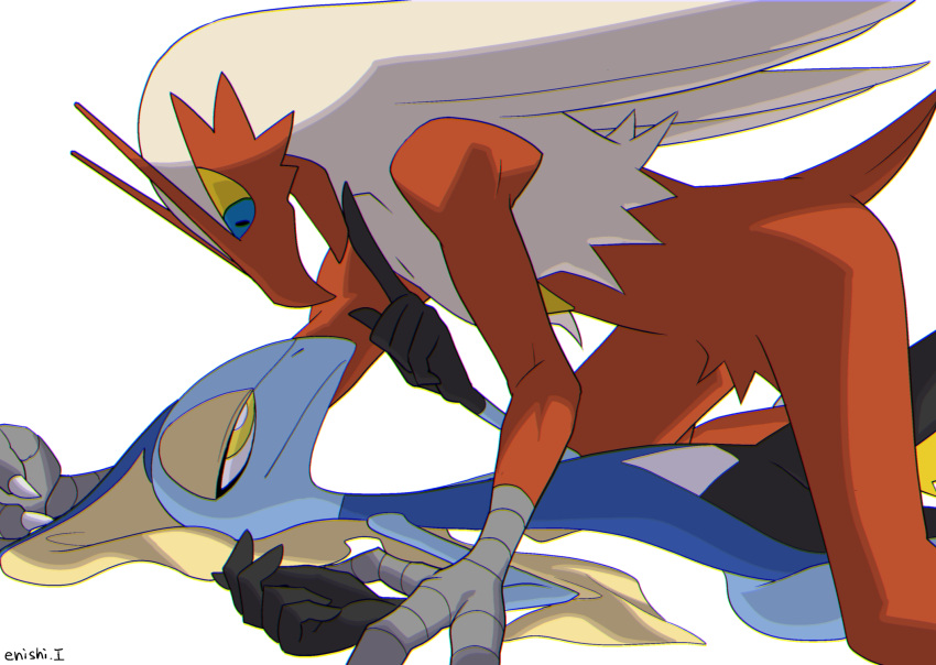 blaziken blue_eyes commentary_request creature enishi_(menkura-rin10) eye_contact feet_out_of_frame gen_3_pokemon gen_8_pokemon highres inteleon interspecies looking_at_another no_humans pokemon pokemon_(creature) signature simple_background white_background yellow_eyes