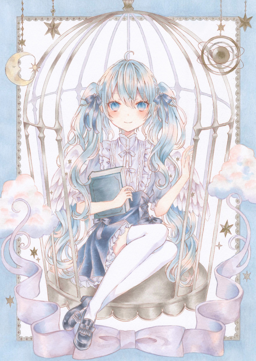 1girl absurdres aqua_hair birdcage black_footwear blue_eyes blue_ribbon blue_skirt book cage closed_mouth eyebrows_visible_through_hair frilled_skirt frills hatsune_miku highres holding holding_book long_hair looking_at_viewer marker_(medium) paruno ribbon shoes sitting skirt smile socks solo thigh-highs traditional_media twintails vocaloid white_legwear