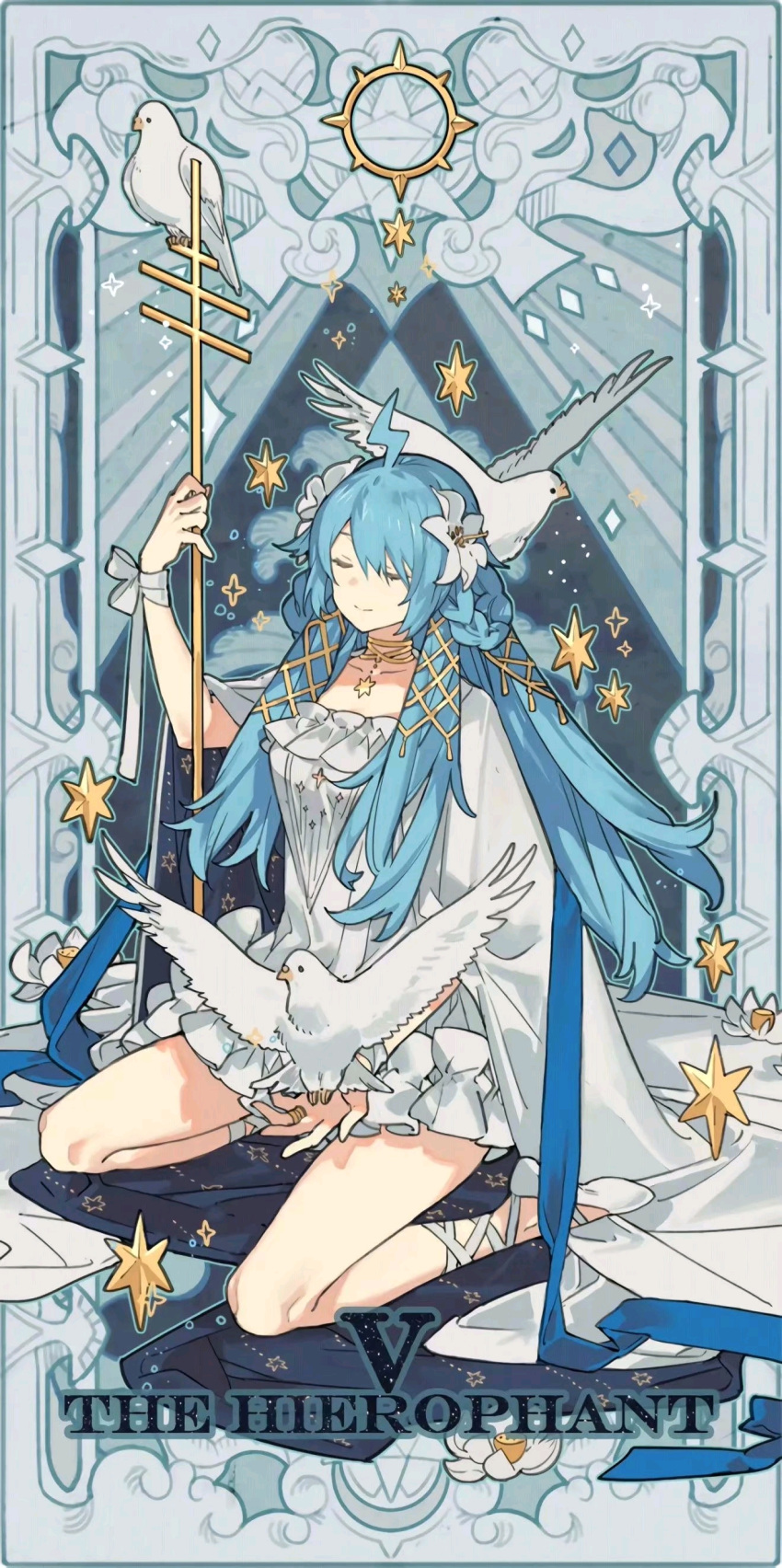 1girl absurdres ahoge aqua_hair bangs bili_girl_22 bilibili_douga closed_eyes full_body hair_ornament highres long_hair sitting solo tarot