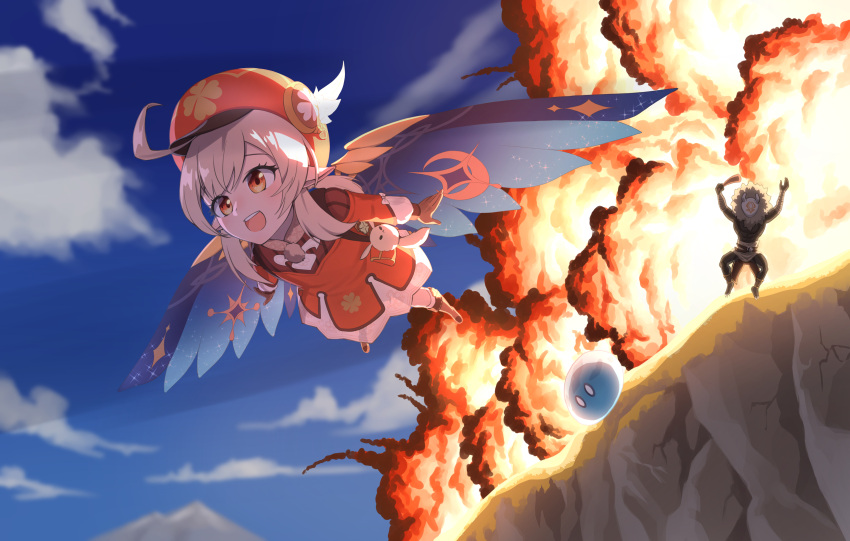 1girl absurdres ahoge backpack bag bangs blonde_hair blue_sky boots cliff clouds cloudy_sky dress explosion flying full_body genshin_impact gliding hair_between_eyes hat hat_feather highres klee_(genshin_impact) knee_boots long_hair long_sleeves low_twintails open_mouth pointy_ears red_dress red_eyes red_headwear skimun sky slime_(genshin_impact) smile twintails white_feathers white_legwear