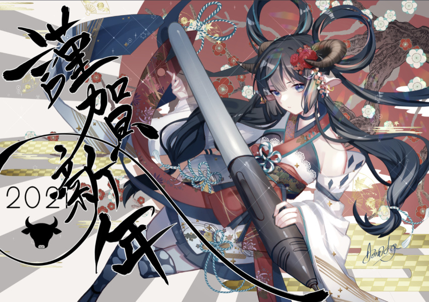 1girl 2021 animal_ears aono_99 blue_eyes chinese_zodiac choker cow cow_ears cow_girl detached_sleeves flower hair_flower hair_ornament hair_rings horns japanese_clothes kimono long_hair looking_at_viewer original parted_lips red_flower stylus thigh-highs wide_sleeves year_of_the_ox yukata