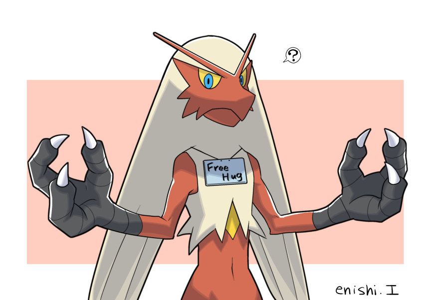 ? blaziken blue_eyes commentary_request creature english_text enishi_(menkura-rin10) free_hugs gen_3_pokemon highres looking_at_viewer no_humans open_arms pokemon pokemon_(creature) red_background signature simple_background spoken_question_mark upper_body