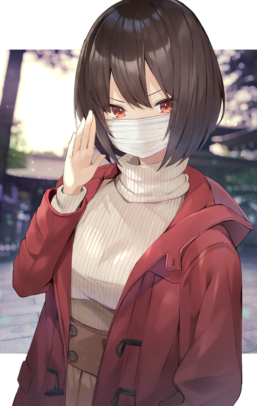 1girl absurdres bangs belt breasts brown_hair brown_skirt commentary_request highres jacket large_breasts looking_at_viewer masco mask mouth_mask orange_eyes original pleated_skirt red_jacket ribbed_sweater short_hair skirt solo surgical_mask sweater waving