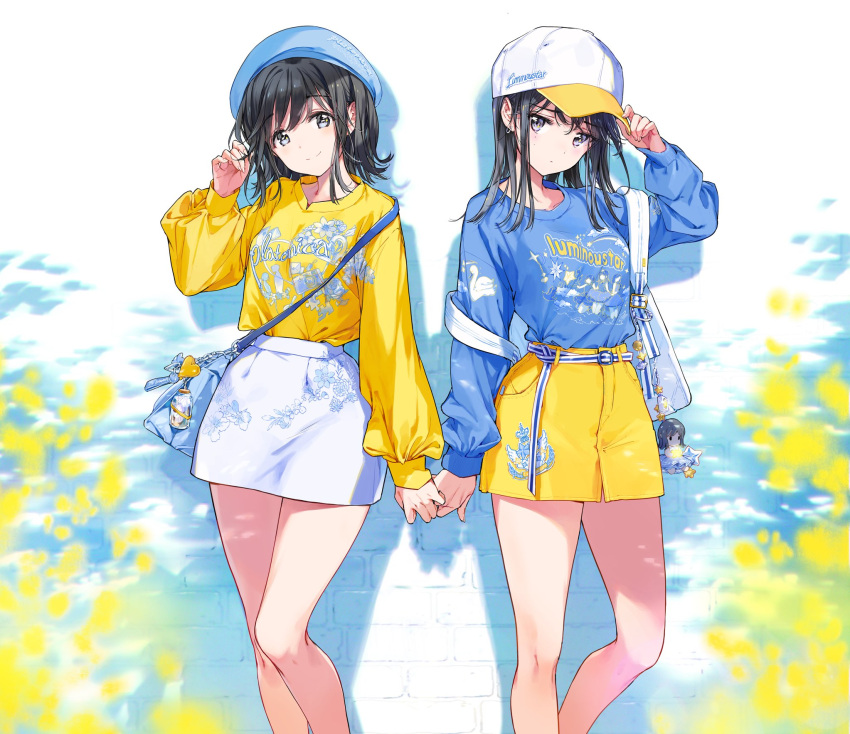 2girls adjusting_clothes adjusting_headwear backpack bag bangs baseball_cap beret bikini black_hair blue_bikini blue_eyes blue_headwear blue_shirt blush carrying closed_mouth clothes_writing commentary_request english_commentary eyebrows_visible_through_hair frown hand_in_hair handbag hat highres holding_hands long_hair long_sleeves looking_at_viewer medium_hair miniskirt multiple_girls off_shoulder original print_shirt print_skirt shadow shirt skirt smile standing swimsuit tiv white_headwear white_skirt yellow_shirt yellow_skirt yuri