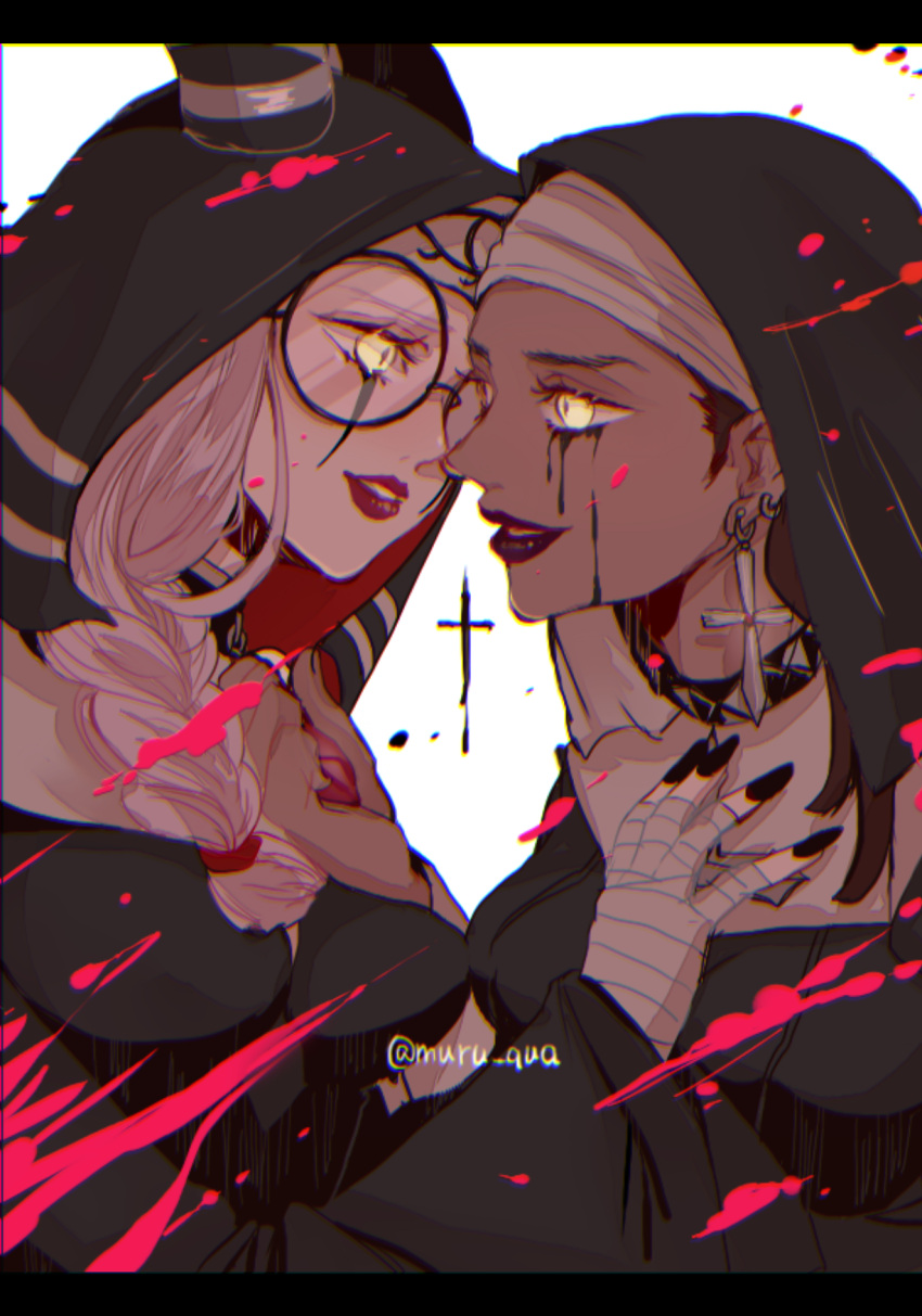 2girls bandaged_hands bandages black_headwear black_nails braid breasts brown_hair cape cross cross_earrings dark_skin dark-skinned_female divine_light_(identity_v) earrings emuru_(mushroom379) facial_mark fiona_gilman glasses gloves habit hand_on_another's_chest highres horns identity_v jewelry medium_breasts multiple_girls official_alternate_costume pale_skin parted_lips patricia_dorval pink_blood reservist_(identity_v) simple_background slit_pupils smile striped_horns twitter_username white_hair yellow_eyes