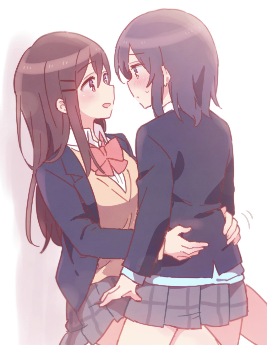 2girls :d absurdres adachi_sakura adachi_to_shimamura black_hair black_jacket blazer blush bow brown_eyes brown_hair brown_sweater closed_mouth collared_shirt dress_shirt eye_contact grey_skirt hair_ornament hairclip hands_on_another's_waist highres jacket long_hair looking_at_another multiple_girls open_blazer open_clothes open_jacket open_mouth pleated_skirt profile red_bow school_uniform shimamura_hougetsu shirt skirt smile sorimachi-doufu sweat sweater very_long_hair violet_eyes white_shirt yuri