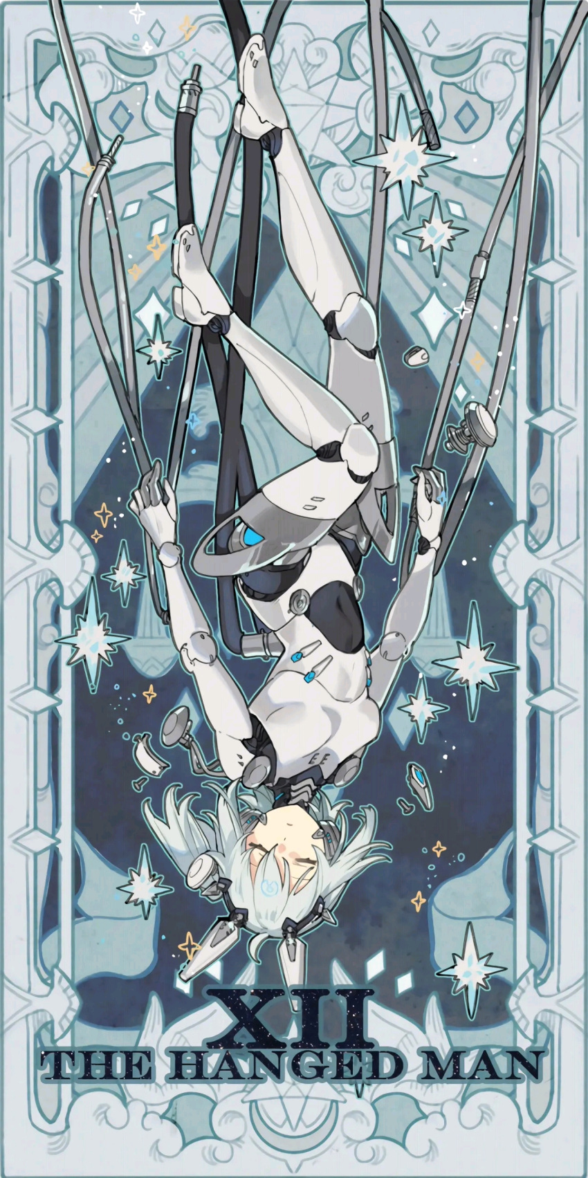 1girl absurdres ahoge aqua_hair bangs bili_girl_33 bilibili_douga flat_chest full_body hair_ornament highres robot short_hair solo tarot