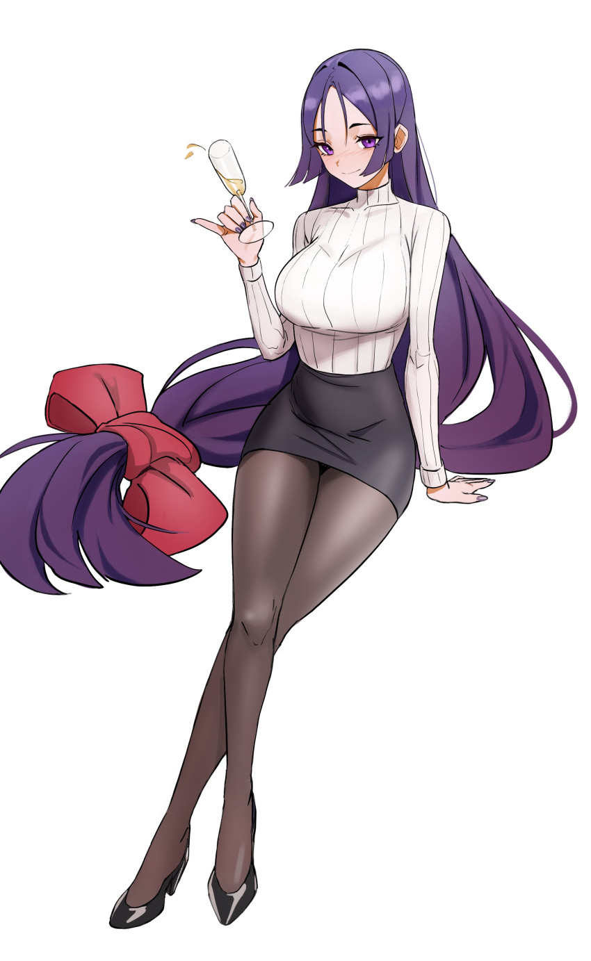 1girl absurdres bangs blush breasts collarbone fate/grand_order fate_(series) highres kiritzugu large_breasts long_hair low-tied_long_hair minamoto_no_raikou_(fate/grand_order) pencil_skirt purple_nails simple_background sitting skirt solo sweater turtleneck turtleneck_sweater violet_eyes white_background