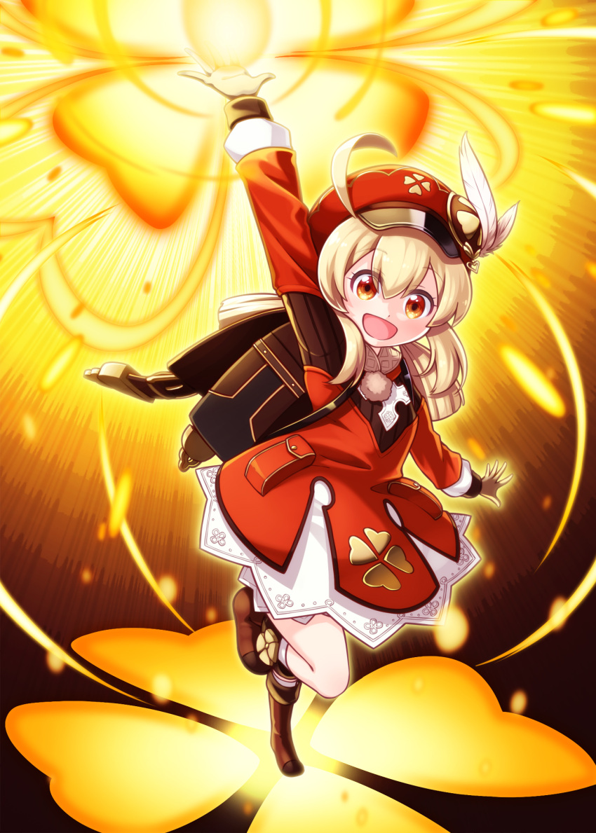 1girl :d ahoge arm_up bangs blonde_hair boots brown_footwear brown_gloves cabbie_hat commentary_request dress eyebrows_visible_through_hair full_body genshin_impact gloves hair_between_eyes hat hat_feather highres klee_(genshin_impact) long_hair long_sleeves low_twintails open_mouth red_dress red_eyes red_headwear sansei_rain smile socks solo standing standing_on_one_leg twintails white_feathers white_legwear