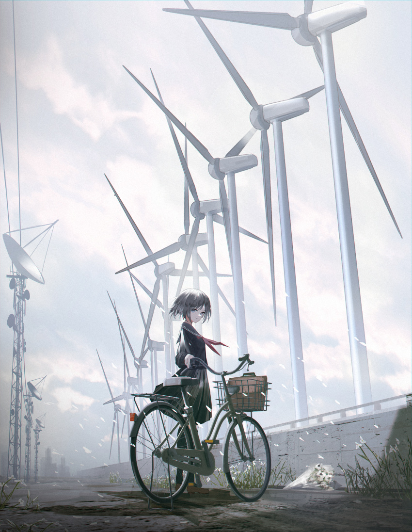 1girl bangs bicycle black_hair black_legwear black_sailor_collar black_serafuku black_shirt black_skirt blue_eyes blue_sky brown_footwear clouds cloudy_sky commentary_request day eyebrows_visible_through_hair film_grain ground_vehicle highres long_sleeves looking_at_viewer neckerchief original outdoors pleated_skirt red_neckwear revision sailor_collar satellite_dish school_briefcase school_uniform serafuku shirt shoes skirt sky solo standing swav thigh-highs wind wind_turbine windmill