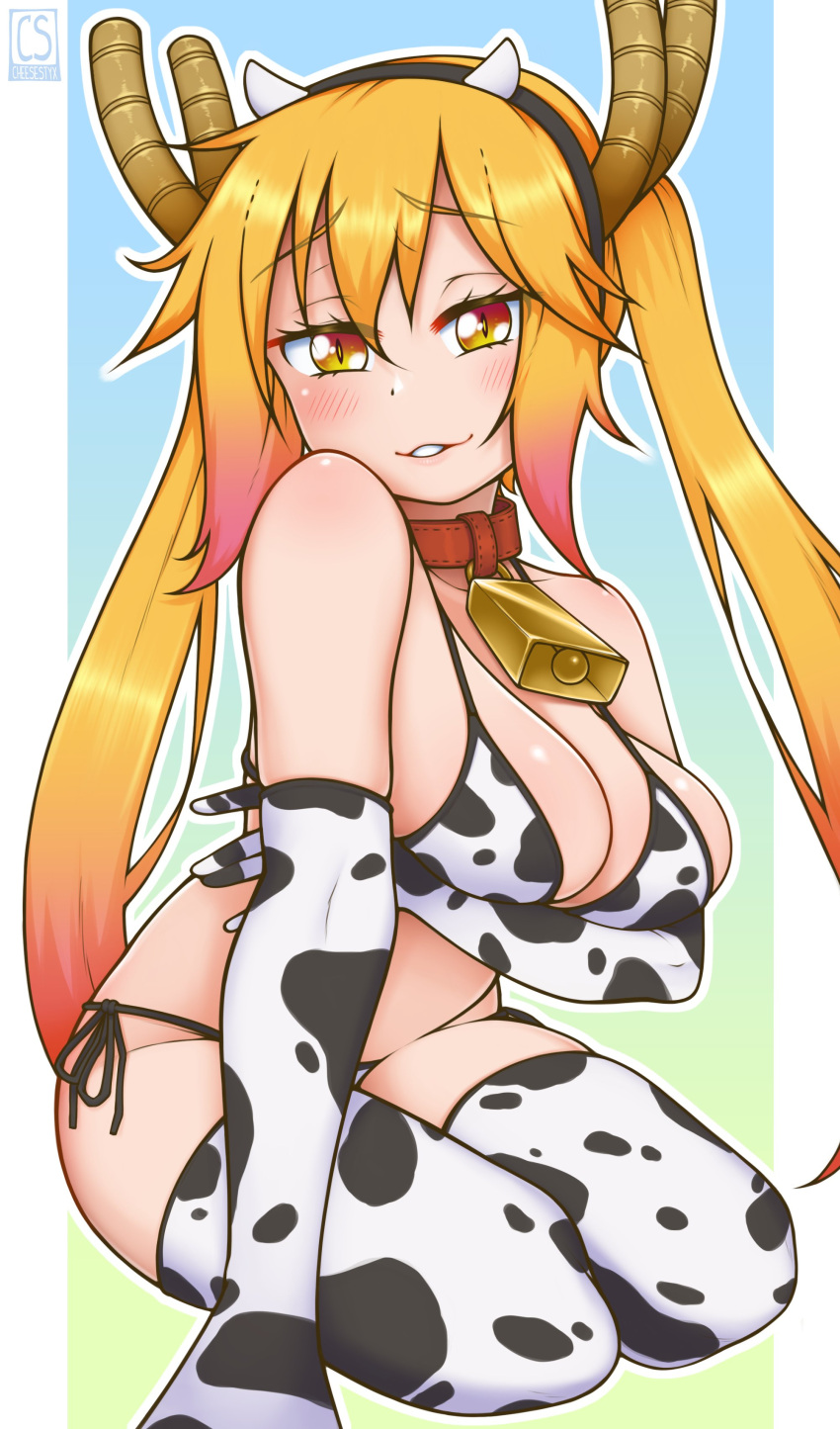 1girl 2021 absurdres animal_ears animal_print bell bikini blonde_hair blush breasts cheesestyx chinese_zodiac cow_horns cow_print dragon_girl dragon_horns elbow_gloves eyebrows_visible_through_hair glasses gloves highres horns kobayashi-san_chi_no_maidragon kobayashi_(maidragon) long_hair multiple_girls new_year smile solo swimsuit tail thigh-highs twintails year_of_the_ox