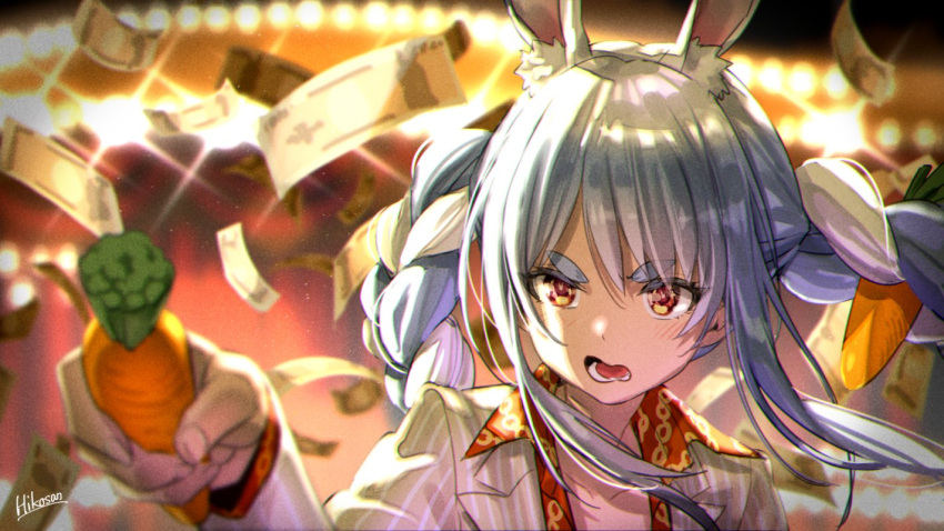 1girl animal_ear_fluff animal_ears artist_name blurry blurry_background blush braid carrot carrot_hair_ornament collared_shirt commentary cosplay depth_of_field eyebrows_visible_through_hair floating floating_object food food_themed_hair_ornament hair_ornament hikosan holding holding_food hololive jacket kiryuu_kazuma kiryuu_kazuma_(cosplay) light light_blue_hair long_hair money open_mouth parody rabbit_ears red_eyes red_shirt ryuu_ga_gotoku ryuu_ga_gotoku_0 shirt signature sneer solo striped symbol-shaped_pupils thick_eyebrows twin_braids twintails upper_body usada_pekora vertical-striped_jacket vertical_stripes virtual_youtuber white_hair white_jacket