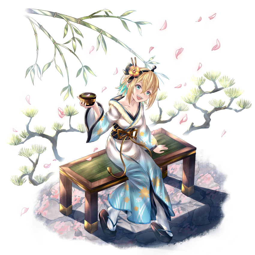 1girl absurdres amano_pikamee bench blonde_hair cup green_eyes highres honkivampy japanese_clothes kimono long_sleeves open_mouth petals sharp_teeth short_hair sitting smile solo teeth tree_branch virtual_youtuber voms white_background