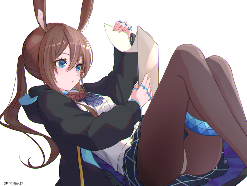 1girl amiya_(arknights) amopui animal_ear_fluff animal_ears arknights ascot black_jacket black_legwear blue_eyes blue_neckwear blue_skirt brown_hair clipboard commentary feet_out_of_frame hair_between_eyes highres holding holding_clipboard hood hood_down infection_monitor_(arknights) jacket jewelry knees_up long_hair lying multiple_rings necklace on_back open_clothes open_jacket panties panties_under_pantyhose pantyhose pleated_skirt ponytail rabbit_ears ring shirt simple_background skirt solo thigh_strap tied_hair twitter_username underwear white_background white_shirt