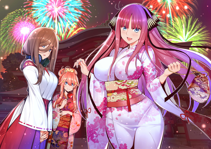3girls :d :t bag bangs blue_eyes blunt_bangs breasts brown_hair butterfly_hair_ornament candy_apple cowboy_shot eating fireworks floral_print food furisode go-toubun_no_hanayome gradient_hair hair_between_eyes hair_ornament hair_over_one_eye hakama headphones headphones_around_neck highres hip_vent holding holding_bag holding_food japanese_clothes kimono kosmos_beta large_breasts long_hair long_sleeves miko multicolored_hair multiple_girls nakano_itsuki nakano_miku nakano_nino night open_mouth outdoors own_hands_together pink_hair pink_kimono pouch print_kimono purple_hair red_hakama red_kimono redhead shrine siblings sisters smile star_(symbol) star_hair_ornament underbust very_long_hair white_kimono wide_hips wide_sleeves