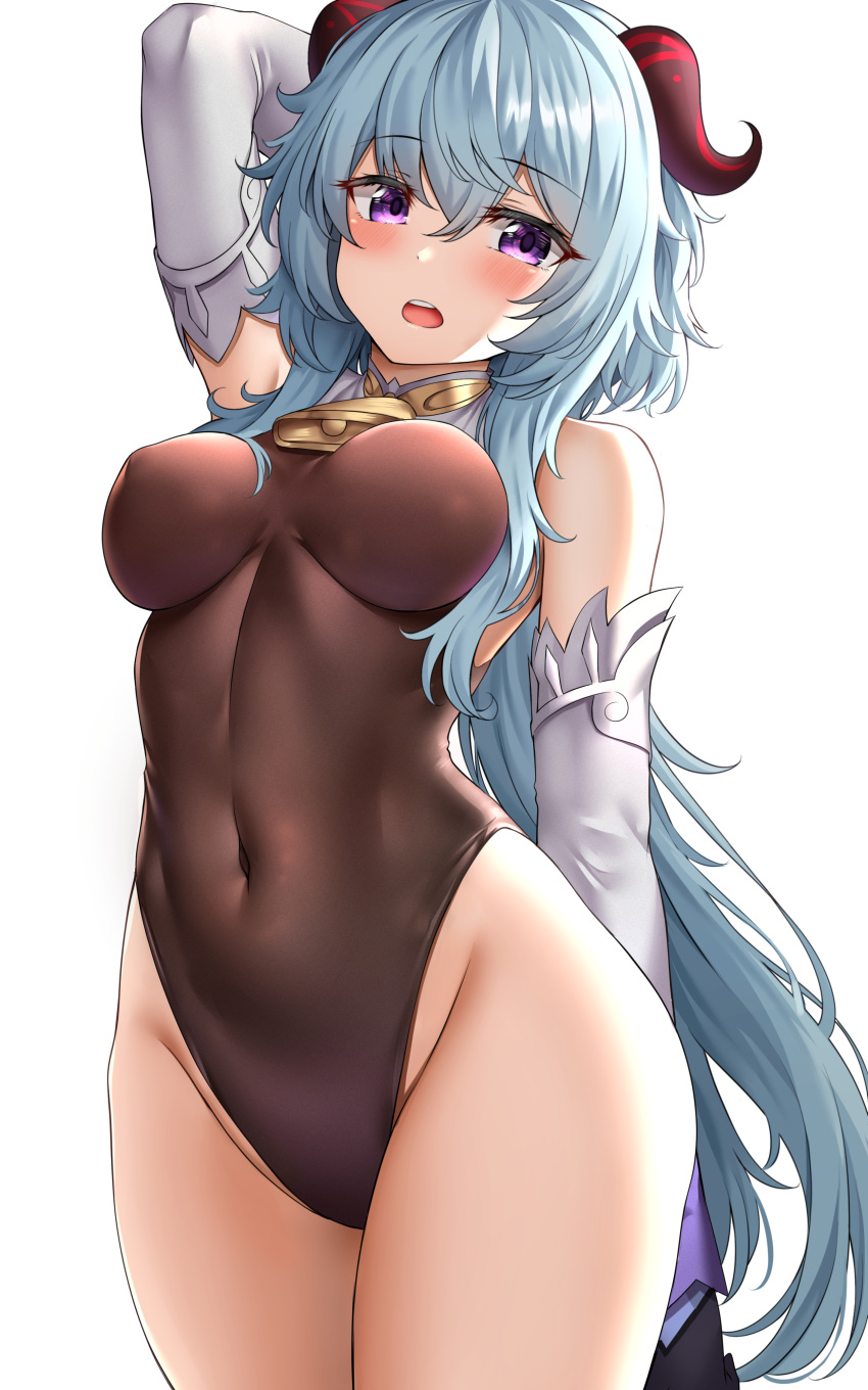 1girl :o absurdres arm_behind_head arm_up bare_shoulders bell black_gloves blue_hair breasts brown_leotard covered_navel cowbell cowboy_shot detached_sleeves ganyu_(genshin_impact) genshin_impact gloves goat_horns groin highleg highleg_leotard highres horns impossible_clothes impossible_leotard large_breasts leotard long_hair long_sleeves looking_at_viewer low_ponytail open_mouth solo standing sunhyun thighs very_long_hair violet_eyes