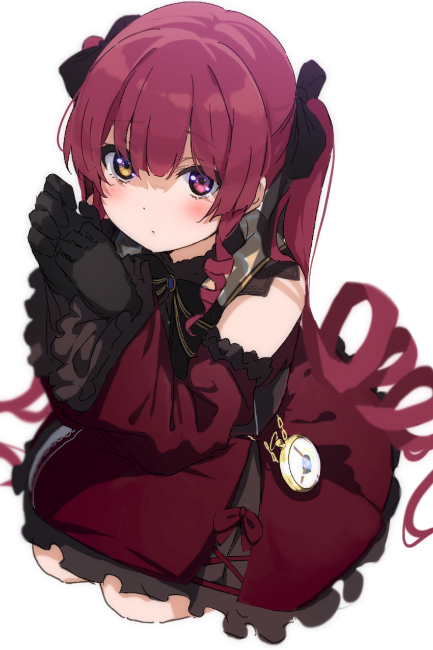 1girl :o bangs bare_shoulders black_bow black_gloves blunt_bangs blurry blush bow bowtie brooch depth_of_field detached_sleeves dot_nose dress drill_hair drill_locks frills from_above gloves gothic_lolita hair_between_eyes hair_bow heterochromia highres hololive houshou_marine icehotmilktea jewelry lolita_fashion long_hair long_sleeves looking_at_viewer looking_up pink_eyes pocket_watch red_dress redhead sidelocks simple_background solo squatting twin_drills twintails very_long_hair virtual_youtuber watch white_background wide_sleeves yellow_eyes
