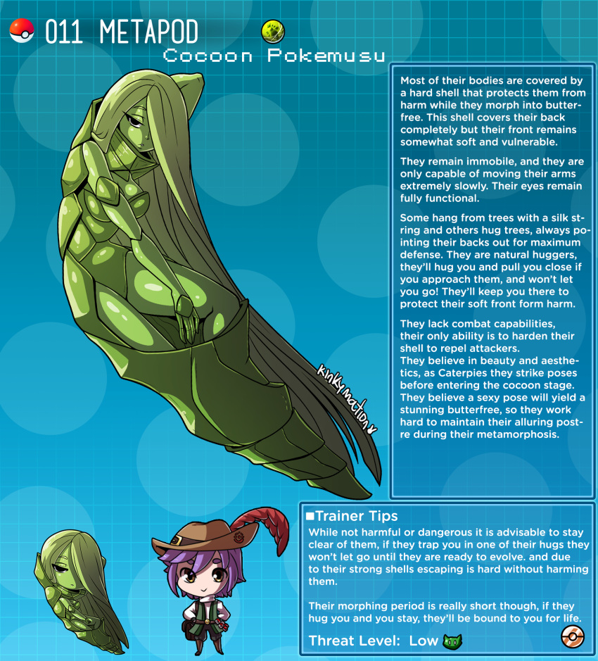1boy 1girl artist_name brown_eyes commentary english_commentary english_text gen_1_pokemon green_hair green_skirt hat_feather highres humanization insect_girl kinkymation long_hair metapod poke_ball pokemon profile purple_hair skirt very_long_hair