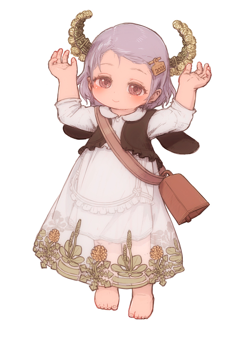 1girl 2021 bag barefoot bell child closed_mouth commentary_request dress ear_tag feral_lemma full_body hands_up highres horns looking_at_viewer original purple_hair red_eyes short_hair simple_background smile solo toes white_background white_dress