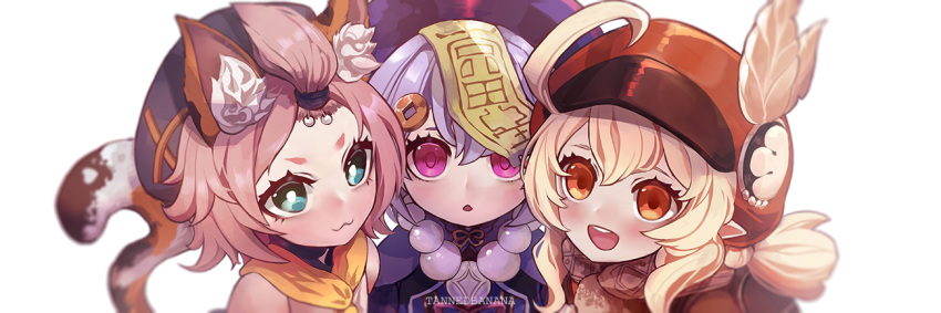 :3 ahoge animal_ear_fluff animal_ears backpack bag bangs bead_necklace beads blonde_hair blush braid cat_ears cat_tail coin coin_hair_ornament diona_(genshin_impact) dress genshin_impact green_eyes hair_between_eyes hat hat_feather jewelry klee_(genshin_impact) long_hair long_sleeves looking_at_viewer low_twintails necklace open_mouth pink_hair pointy_ears purple_hair purple_headwear qing_guanmao qiqi red_dress red_eyes red_headwear short_hair smile tail talisman tanned_banana thigh-highs twintails violet_eyes white_background white_feathers white_legwear wide_sleeves