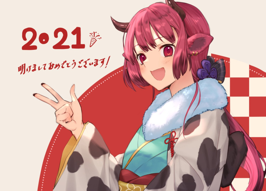 1girl 2021 animal_ears animal_print bangs black_bow blue_kimono bow checkered checkered_background chinese_zodiac commentary_request cow_ears cow_girl cow_print ear_piercing eyebrows_visible_through_hair fur_collar grey_background hair_bow hand_up japanese_clothes kimono long_hair long_sleeves mosomoso obi original piercing red_eyes redhead sash solo striped striped_bow translation_request upper_body v very_long_hair wide_sleeves year_of_the_ox