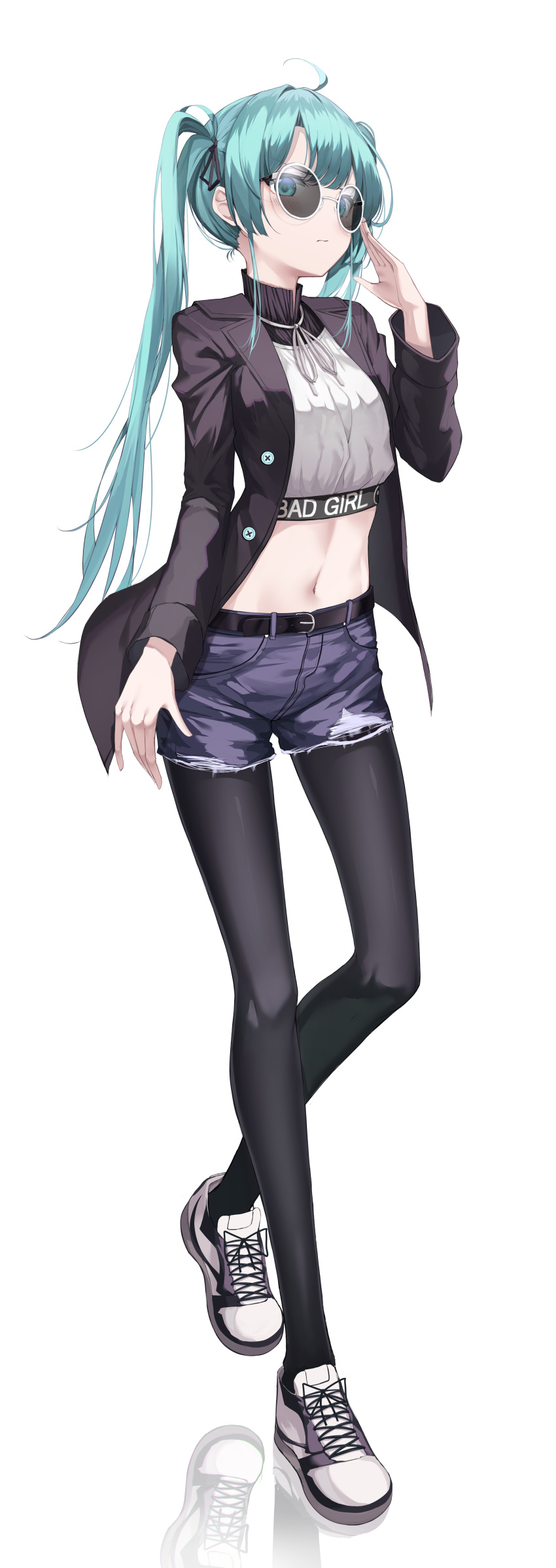 1girl absurdres adjusting_eyewear ahoge apple_ringo aqua_eyes aqua_hair belt black_coat black_legwear blue_shorts buttons chromatic_aberration closed_mouth clothes_writing coat commentary crop_top cutoffs denim denim_shorts flat_chest full_body hair_ribbon hand_up hatsune_miku highres long_hair long_sleeves looking_at_viewer midriff navel open_clothes open_coat pantyhose reflection revision ribbon round_eyewear shirt shoes short_shorts shorts sidelocks simple_background sneakers solo standing stomach sunglasses turtleneck twintails v-shaped_eyebrows vocaloid white-framed_eyewear white_background white_shirt wing_collar