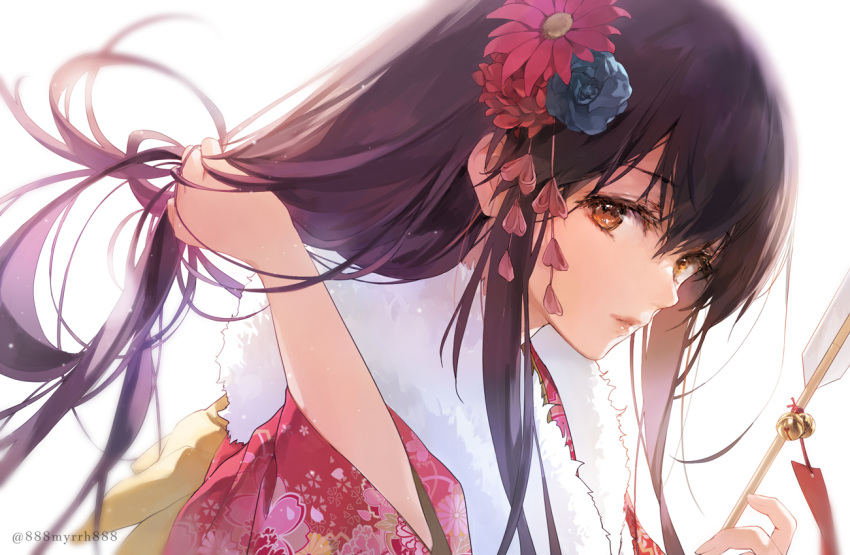 1girl 888myrrh888 akagi_(kantai_collection) arrow_(projectile) bell brown_eyes brown_hair floral_print from_side hair_between_eyes hamaya japanese_clothes kantai_collection kimono lips long_hair print_kimono red_kimono simple_background solo twitter_username upper_body white_background