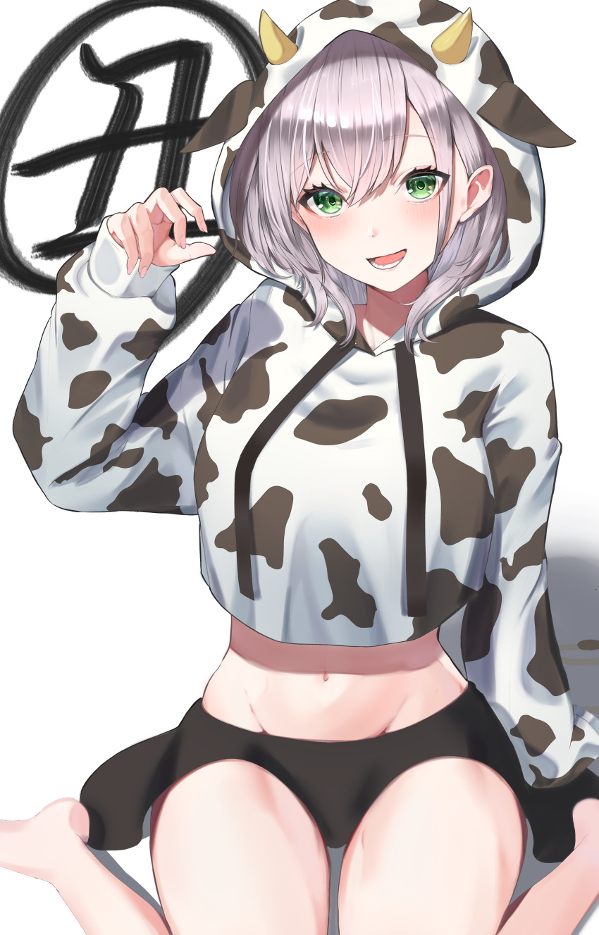1girl :d absurdres alternate_costume animal_costume animal_print appo_(36786257) arm_support bangs barefoot black_skirt blush breasts cow_costume cow_hood cow_print eyebrows_visible_through_hair feet_out_of_frame green_eyes groin hair_between_eyes hand_up highres hololive hood hood_up horns large_breasts looking_at_viewer midriff miniskirt navel open_mouth shirogane_noel short_hair silver_hair simple_background sitting skirt sleeves_past_fingers sleeves_past_wrists smile solo virtual_youtuber wariza white_background