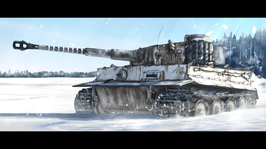caterpillar_tracks day english_commentary forest ground_vehicle highres kk90 military military_vehicle motor_vehicle nature no_humans original sky snow snowing tank tiger_i tree