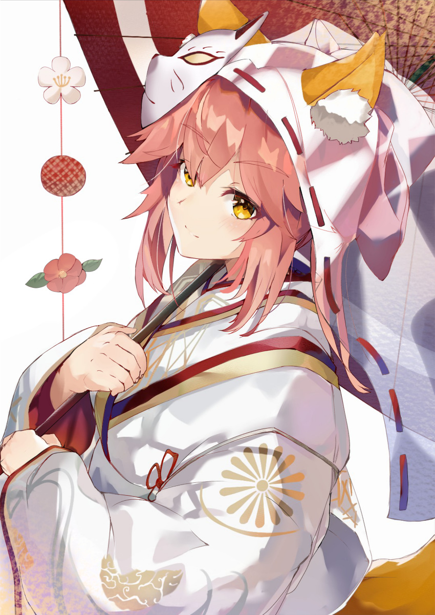 1girl absurdres animal_ear_fluff animal_ears bangs blush breasts fate/extra fate_(series) fox_ears fox_girl fox_mask fox_tail hair_between_eyes highres japanese_clothes kimono large_breasts long_hair long_sleeves looking_at_viewer mask pink_hair same_(sendai623) sidelocks smile tail tamamo_(fate)_(all) tamamo_no_mae_(fate) veil white_kimono wide_sleeves yellow_eyes