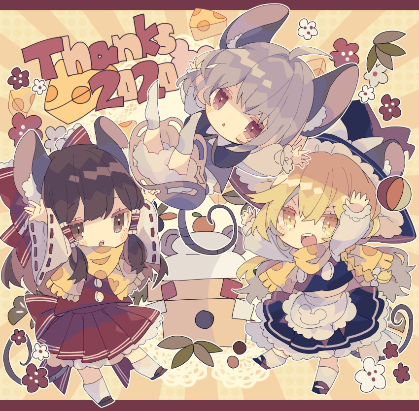 2020 3girls ahoge animal_ear_fluff arms_up bangs black_headwear black_skirt black_vest blonde_hair bloomers blush_stickers bow braid brown_eyes brown_hair capelet cheese cheese_print chibi chinese_zodiac commentary_request doily ears_through_headwear flower food full_body grey_hair hair_bow hair_tubes hakurei_reimu hat hat_bow highres kagami_mochi kirisame_marisa long_sleeves mouse_girl mouse_tail multiple_girls nazrin nikorashi-ka open_mouth pleated_skirt red_bow red_eyes red_shirt red_skirt ribbon-trimmed_sleeves ribbon_trim scarf shirt shoes single_braid skirt socks sunburst sunburst_background tail thank_you touhou triangle_mouth underwear upper_teeth vest white_bow white_legwear white_shirt wide_sleeves witch_hat year_of_the_rat yellow_background yellow_eyes yellow_scarf