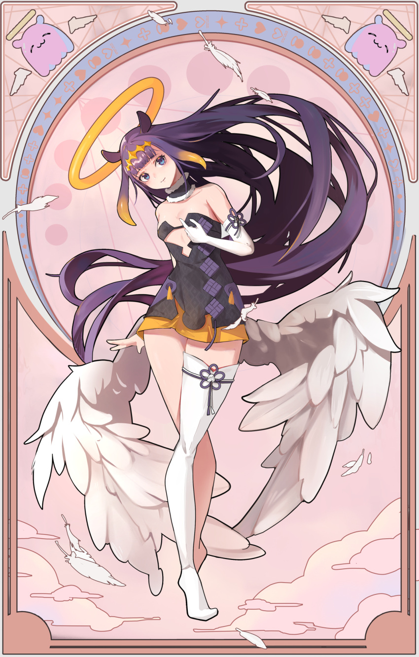 1girl bangs black_dress blue_eyes blunt_bangs crossed_legs dress elbow_gloves flat_chest floating_hair gloves halo head_tilt highres hololive hololive_english leaning_to_the_side looking_up meiyan_(boyimachao) ninomae_ina'nis open_hand purple_hair single_elbow_glove single_glove single_thighhigh solo tako_(ninomae_ina'nis) tentacle_hair thigh-highs virtual_youtuber wide_hips wings