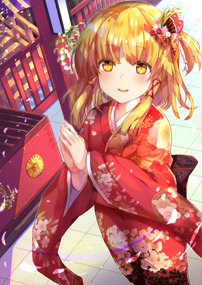 1girl alternate_costume back_bow bangs blonde_hair blush bow commentary_request day eyebrows_visible_through_hair feet_out_of_frame fingernails floral_print flower from_above hair_flower hair_ornament hair_tubes hands_together highres japanese_clothes kimono light_smile looking_at_viewer medium_hair moriya_suwako new_year one_side_up open_mouth outdoors red_kimono sidelocks solo standing tile_floor tiles torottye touhou upper_body wide_sleeves yellow_eyes