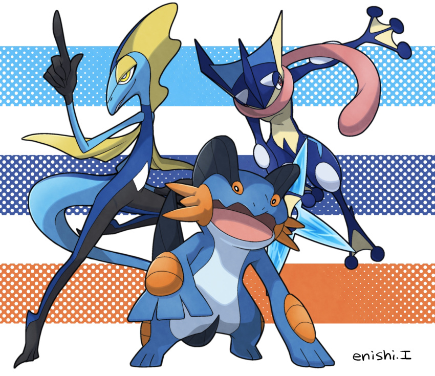 commentary_request creature enishi_(menkura-rin10) gen_3_pokemon gen_6_pokemon gen_8_pokemon greninja highres inteleon looking_at_viewer no_humans pokemon pokemon_(creature) signature striped striped_background swampert