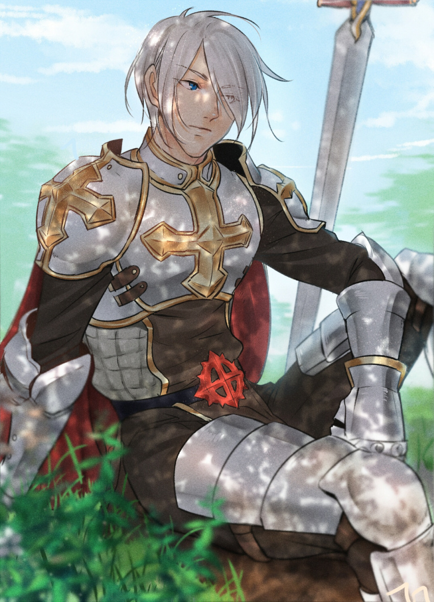 1boy armor armored_boots bangs blue_eyes blurry boots breastplate closed_mouth clouds commentary_request cross day depth_of_field eyebrows_visible_through_hair eyes_visible_through_hair gauntlets grass hair_between_eyes hair_over_one_eye highres hikarusorano leg_armor looking_to_the_side lord_knight_(ragnarok_online) male_focus outdoors pauldrons ragnarok_online shade short_hair shoulder_armor sitting solo sword tabard weapon white_hair