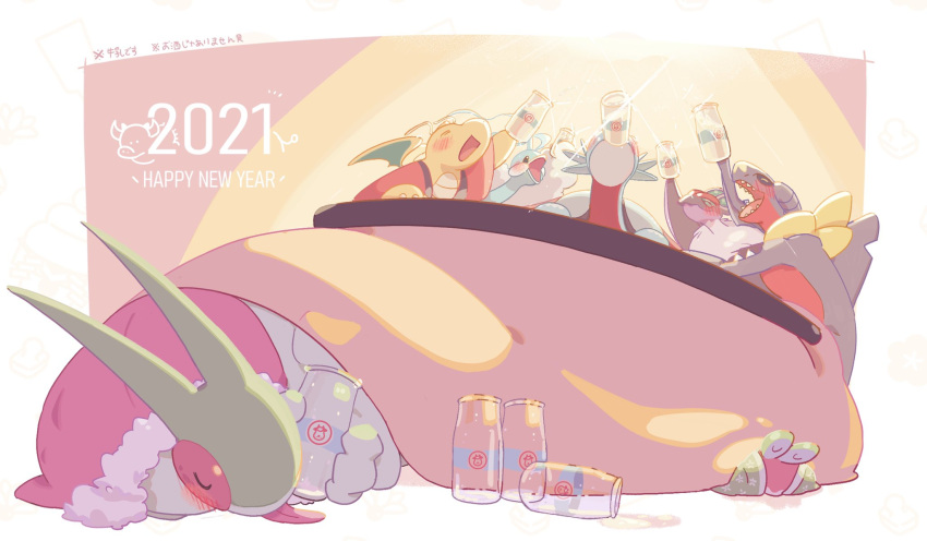 altaria applin blush bottle closed_eyes commentary_request dragonite draw_pann33 flygon garchomp gen_1_pokemon gen_3_pokemon gen_4_pokemon gen_6_pokemon gen_8_pokemon happy_new_year highres holding kotatsu mouth_hold new_year no_humans noivern open_mouth pokemon pokemon_(creature) salamence sleeping smile sparkle table tongue tongue_out translation_request