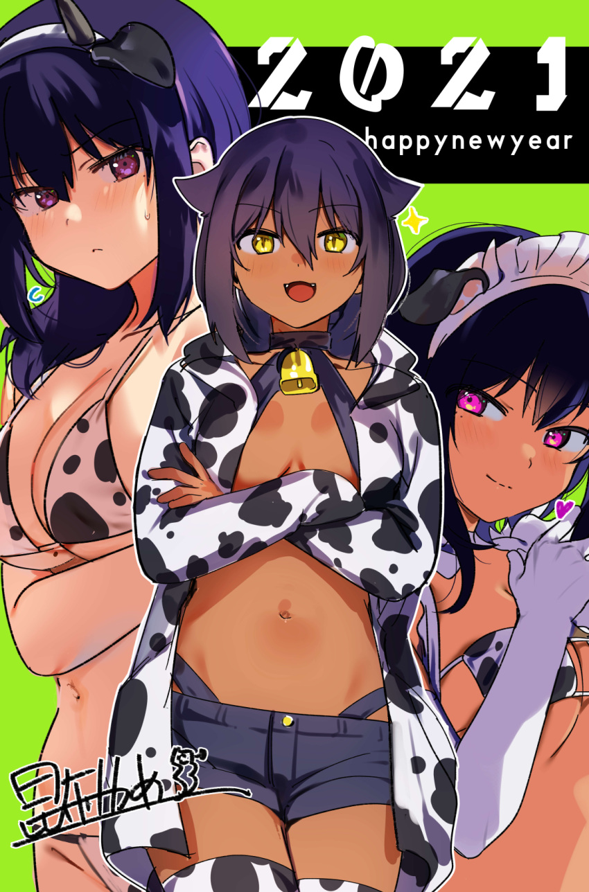 2021 3girls animal_print bell bikini black_hair blush breasts coat cow_horns cow_print cowbell dark_skin elbow_gloves gloves green_background happy_new_year harumi_hana highres horns jahy konbu_wakame large_breasts lilith_(saikin_yatotta_maid_ga_ayashii) long_hair looking_at_viewer maid maid_headdress multiple_girls new_year overcoat print_bikini short_hair short_shorts shorts swimsuit thigh-highs violet_eyes yellow_eyes