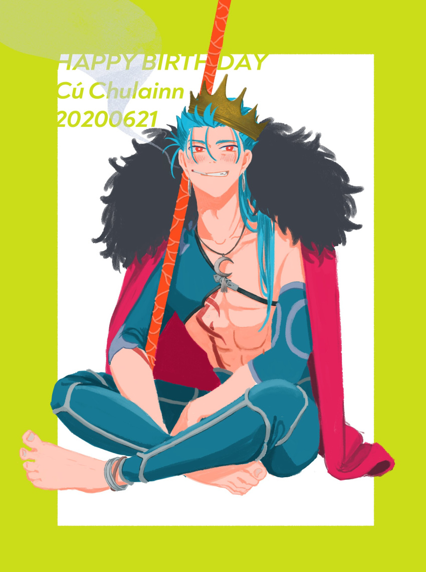 1boy abs absurdres barefoot blue_hair bodypaint bracelet bright_pupils cape character_name closed_mouth crescent_necklace crossed_legs crown cu_chulainn_(fate)_(all) dated detached_sleeves earrings fang fate/grand_order fate_(series) fur-trimmed_cape fur_trim gae_bolg grin happy_birthday highres ima_yonderu jewelry lancer long_hair looking_at_viewer male_focus muscular pants red_eyes shirtless sitting skin_tight smile smoke solo spiky_hair strap type-moon white_pupils