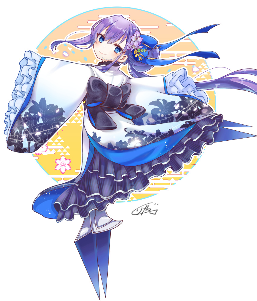 &gt;:) 1girl absurdres bangs black_bow blue_bow blue_eyes bow closed_mouth commentary_request egasumi eyebrows_visible_through_hair fate/grand_order fate_(series) flower frilled_sleeves frills from_behind full_body hair_between_eyes hair_bow hair_bun hair_flower hair_ornament highres huge_filesize jako_(jakoo21) japanese_clothes kimono long_hair looking_at_viewer looking_back meltryllis new_year outstretched_arms print_kimono purple_flower purple_hair signature sleeves_past_fingers sleeves_past_wrists smile solo spread_arms standing v-shaped_eyebrows very_long_hair white_kimono