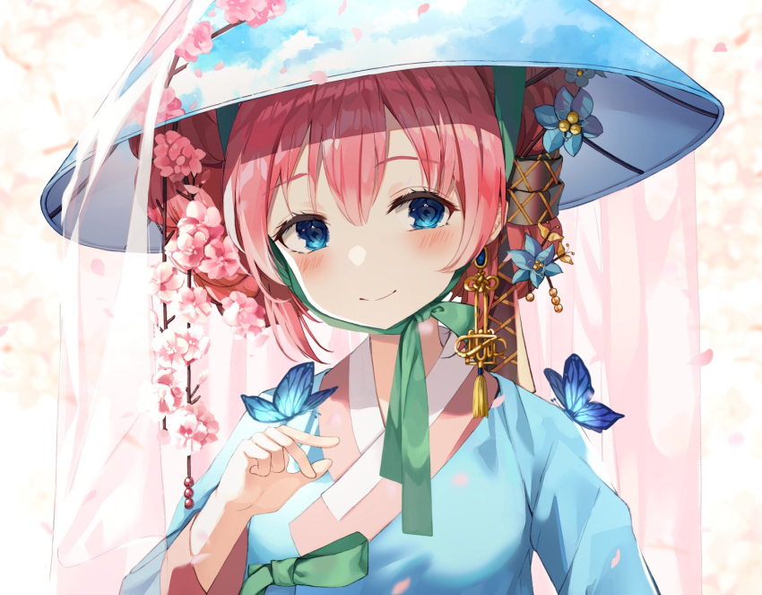1girl blue_eyes blue_kimono blush breasts bug butterfly butterfly_on_hand cherry_blossoms closed_mouth eyebrows_visible_through_hair flower green_ribbon hair_between_eyes hat highres insect japanese_clothes kimono looking_at_viewer megurine_luka pink_flower pink_hair ribbon ruda_(ruda_e) short_hair small_breasts smile solo upper_body vocaloid