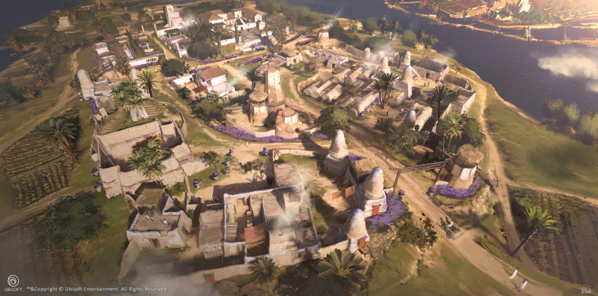 assassin's_creed:_origins assassin's_creed_(series) building bush cityscape commentary_request darkhikari day farm flower from_above full_body highres house outdoors palm_tree purple_flower river scenery smoke tower town tree ubisoft walking water watermark