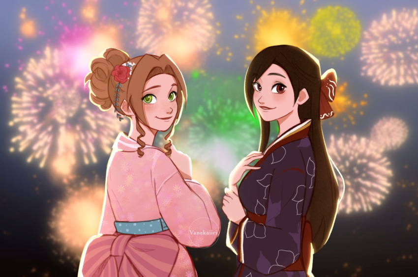 2girls aerith_gainsborough black_hair bow brown_eyes brown_hair final_fantasy final_fantasy_vii fireworks flower from_behind green_eyes hair_bow hair_flower hair_ornament highres japanese_clothes kimono looking_at_viewer looking_back multiple_girls night outdoors pink_kimono smile tifa_lockhart vanekairi watermark yukata