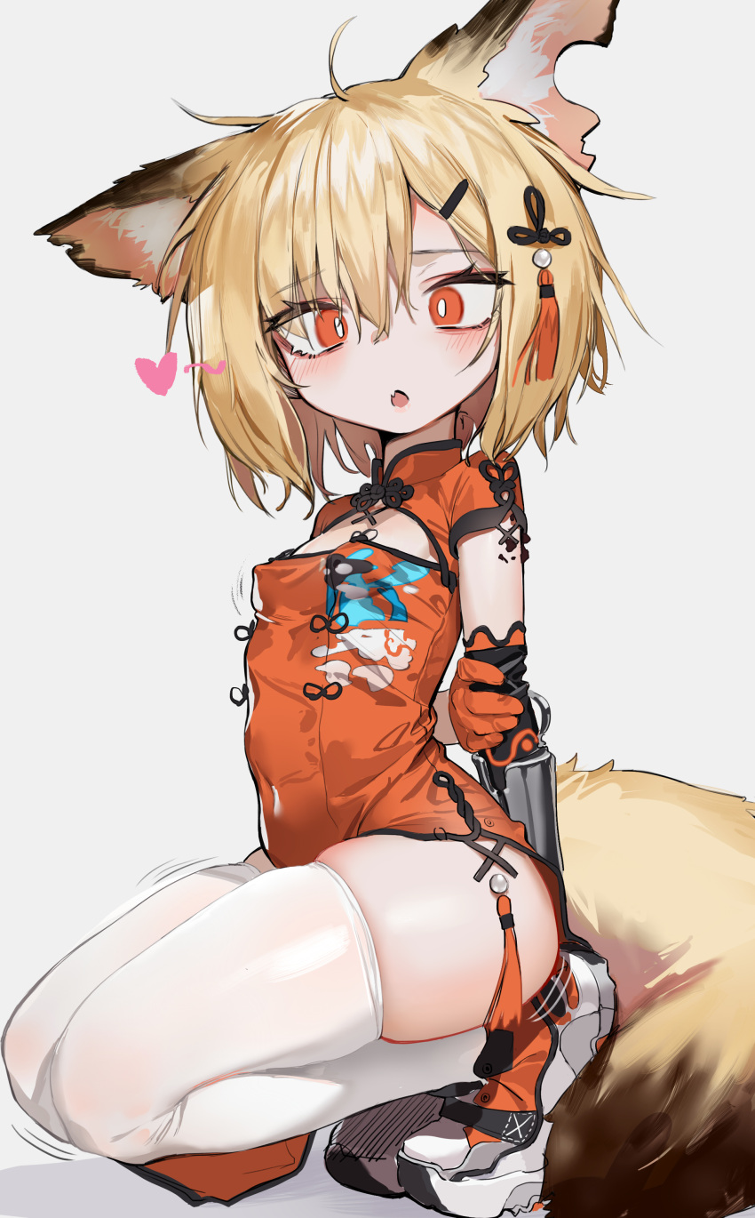 1girl :o absurdres ahoge animal_ears arknights arm_behind_back blonde_hair breasts china_dress chinese_clothes cleavage_cutout clothing_cutout covered_navel dress fox_ears fox_girl fox_tail gloves hair_ornament heart highres kentllaall looking_at_viewer open_mouth orange_dress orange_eyes orange_gloves pelvic_curtain prosthesis prosthetic_arm shoes short_hair short_sleeves simple_background skindentation small_breasts sneakers solo squatting tail thigh-highs thighs vermeil_(arknights) white_background white_legwear